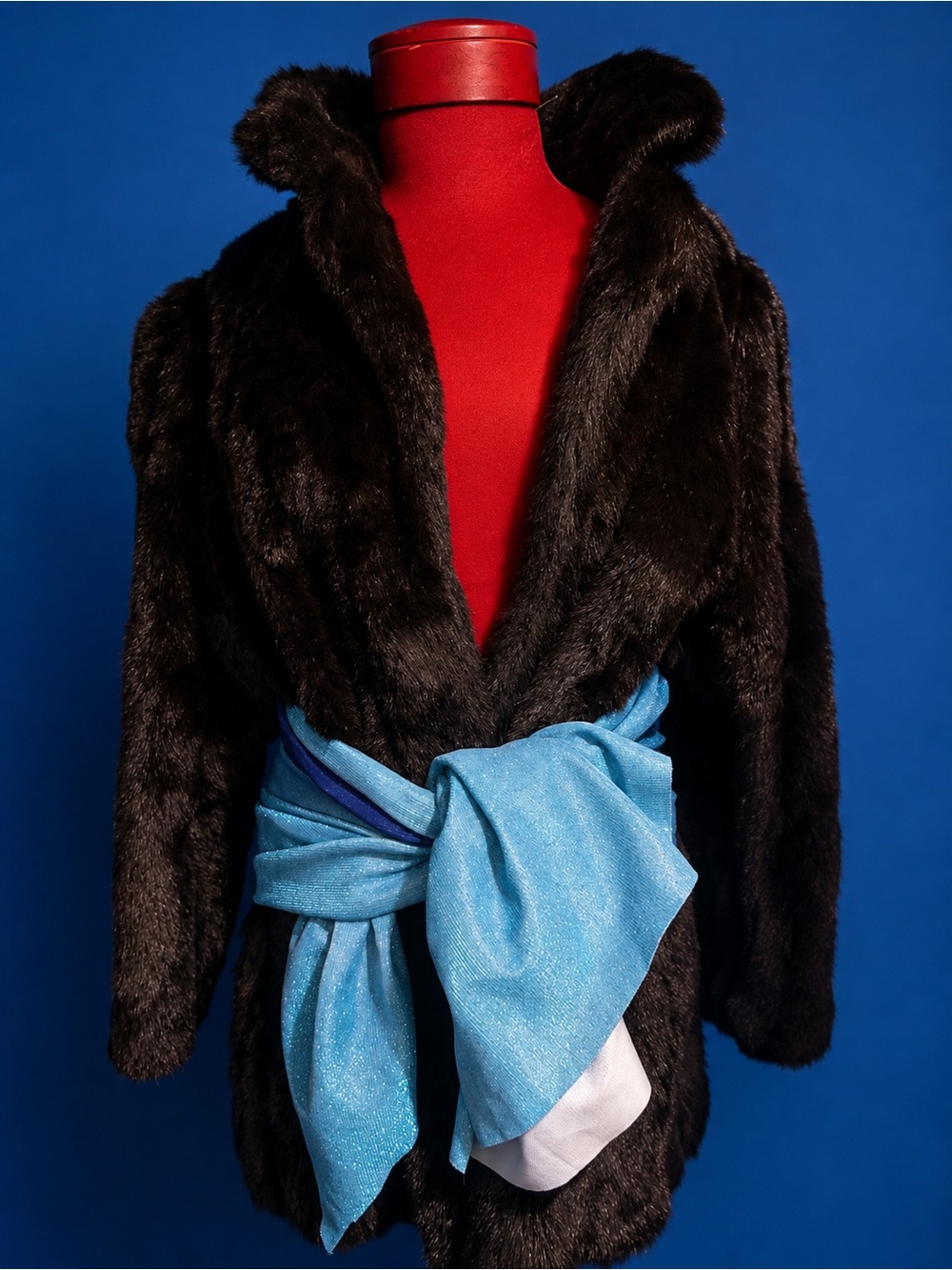Vintage Black Faux Fur Jacket with Light Blue Wrap Belt